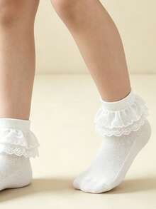 1 par de calcetines de baile con volantes de encaje blanco fino para niños/adolescentes - Blanco - Ver 5