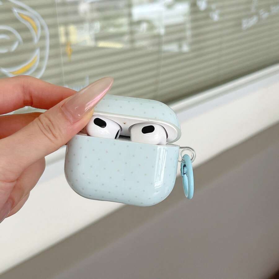 Pink Polka Dot Minimalist Design Earphone Case + Hanging Ring Set Compatible With Apple Pro 2/ Pro/ 4/ 3/ 2 - Blue Background With Polka Dots - View 1