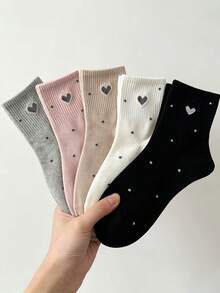 5Pairs Women Sweet Heart Dot Ribbed Crew Socks, Soft Breathable Daily Casual Ankle Socks, Multi Color Fashion Matching Socks - Multicolor - View 7