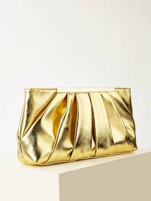 AIBBYDAR Women's Clutch Bag, Gold Fashion Elegant Pleated Bag, Gold Bag, Women's Handbag, Evening Bag, Portable Makeup Bag, Wallet, Business Commute, Crossbody Bag With Detachable Shoulder Strap, Wedding Season, Ball, Party, Holiday Gathering, Gift - Gold - View 3