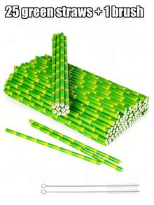 50/25pcs Green Bamboo Pattern Paper Straws - Bamboo Pattern Straws, Suitable For Cocktails, Birthday And Wedding Decorations, Tropical Hawaiian Style Parties; Creative Small Gifts, Summer Decorations And Party Supplies.(Brush Included) - Multicolor - View 10