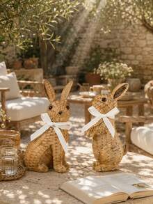 1pc Easter Bunny Decorations Woven Rabbit Figurines Spring Farmhouse Decor Rustic Bunny Ornament For Home Tabletop Shelf Mantel Garden Patio Porch Centerpiece - A - View 2