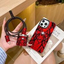 6件組彩色銀黑蜘蛛手機殼圖案 + 充電頭保護套 + 數據線保護套 + 收納繩 + 數據線保護繩 TPU 防摔保護殼，適用於 Apple 17 16e 16 15 14 13 12 11 Mini Pro Max Air X XR XSMAX 8 7 Plus，防摔磨砂背殼，智慧型手機保護殼，日常使用殼，時尚手機配件，創意設計，UV 印刷設計，時尚保護殼，時尚愛好者，音樂愛好者，生日禮物完美選擇 - 彩色 - 查看 5