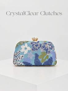 Bolso de mano cruzado elegante y brillante con parches de hojas y flores multicolor, bolso cuadrado mini vintage con cadena, adecuado para fiestas, estudiantes universitarias, mujeres de car - Celeste - Ver 2