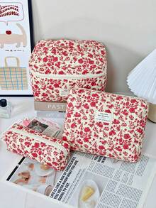 1 Stück/Set rote gesteppte Blumen-Make-up-Tasche mit großer Kapazität, Kosmetik-Aufbewahrungstasche mit Boho-Muster, Make-up-Pinsel-Organizer, Make-up-Box, Kulturbeutel, Strandurlaub, Abschlusszeit, Schulanfang, Reiseessentials, Zimmer, Badezimmer, Feiertagsgeschenk - Rot - Übersicht 2