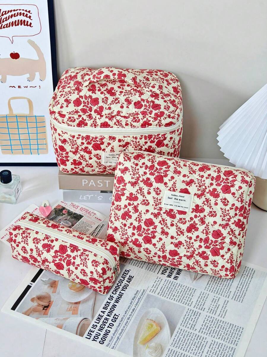 1 Stück/Set rote gesteppte Blumen-Make-up-Tasche mit großer Kapazität, Kosmetik-Aufbewahrungstasche mit Boho-Muster, Make-up-Pinsel-Organizer, Make-up-Box, Kulturbeutel, Strandurlaub, Abschlusszeit, Schulanfang, Reiseessentials, Zimmer, Badezimmer, Feiertagsgeschenk