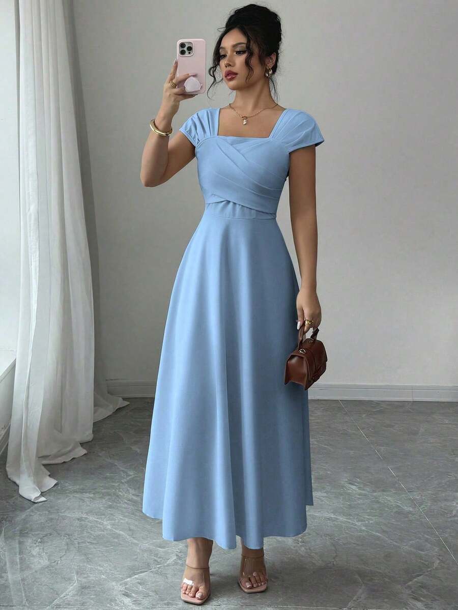 Women's Solid Color Dress, Square Neck, Short Sleeves, Minimalist Everyday Wear - 象牙白色 - 查看 1