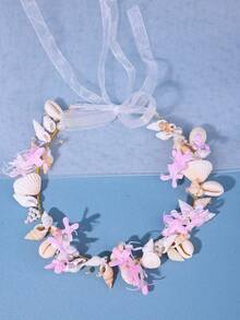 1pc Women's Mori Style Floral Shell Handmade Headband White Beach Hair Accessory Spring Outdoor Party Accessory Bridal Wedding Headpiece - Pink - View 3