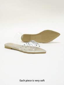 Rhinestone-Embellished Clear Strap Pointed Toe Flat Slide Sandals - Gold - View 3