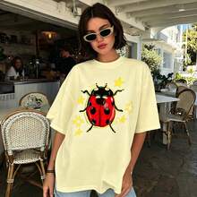 100% Cotton Unisex Tee, Star & Ladybug Print, Vintage Style, Premium Fabric, Summer Graphic Top, Ideal For Daily Wear & Holiday Gifts - 杏色1 - 查看 7