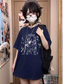 Y2K夏季新款圓領上衣 休閒寬鬆 動漫女孩印花圖案 甜美日系風格 Y2K學院風 百搭學生女款短袖T恤 - 藏藍 - 查看 3