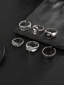 Set 6 buah cincin bergaya street punk modis dengan motif bintang dan geometris untuk pria, cocok untuk pemakaian kasual sehari-hari. - Antique Silver - View 2
