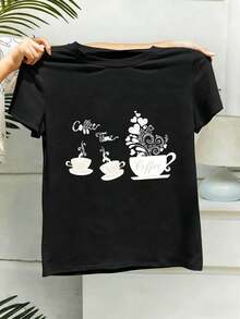 L?Ssiges T-Shirt With Kaffeetassen-Print Für Den Herbst, Hochwertiger Stoff, Rundhalsausschnitt, Lockere Passform, Bequem, Street-Hip-Hop-Stil - Black - View 2