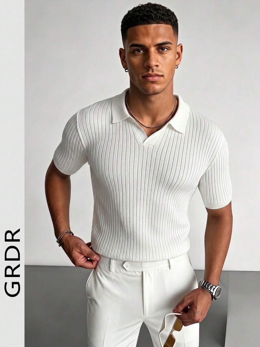 GRDR Suéter de punto de manga corta con cuello polo de unicolor para hombre, adecuado para salidas de verano, esencial para un estilo de moda