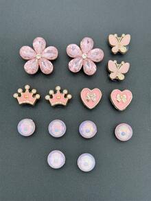 14pcs DIY Detachable Garden Shoe Charms, Pink Alloy Glass Rhinestone Flower, Heart, Crown, Butterfly Shoe Clips, Multi-Functional Shoe Accessories For Women's Sandals, Slippers, Beach Bags, Perfect For Holiday And Birthday Party Gifts - Pink - View 6