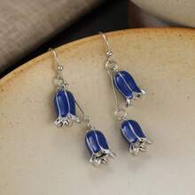 Elegantes pendientes largos de campana azul, pendientes de gancho de plata con pétalos de esmalte para mujer, joyería de boda de verano, regalo romántico para ella - Plateado - Ver 2