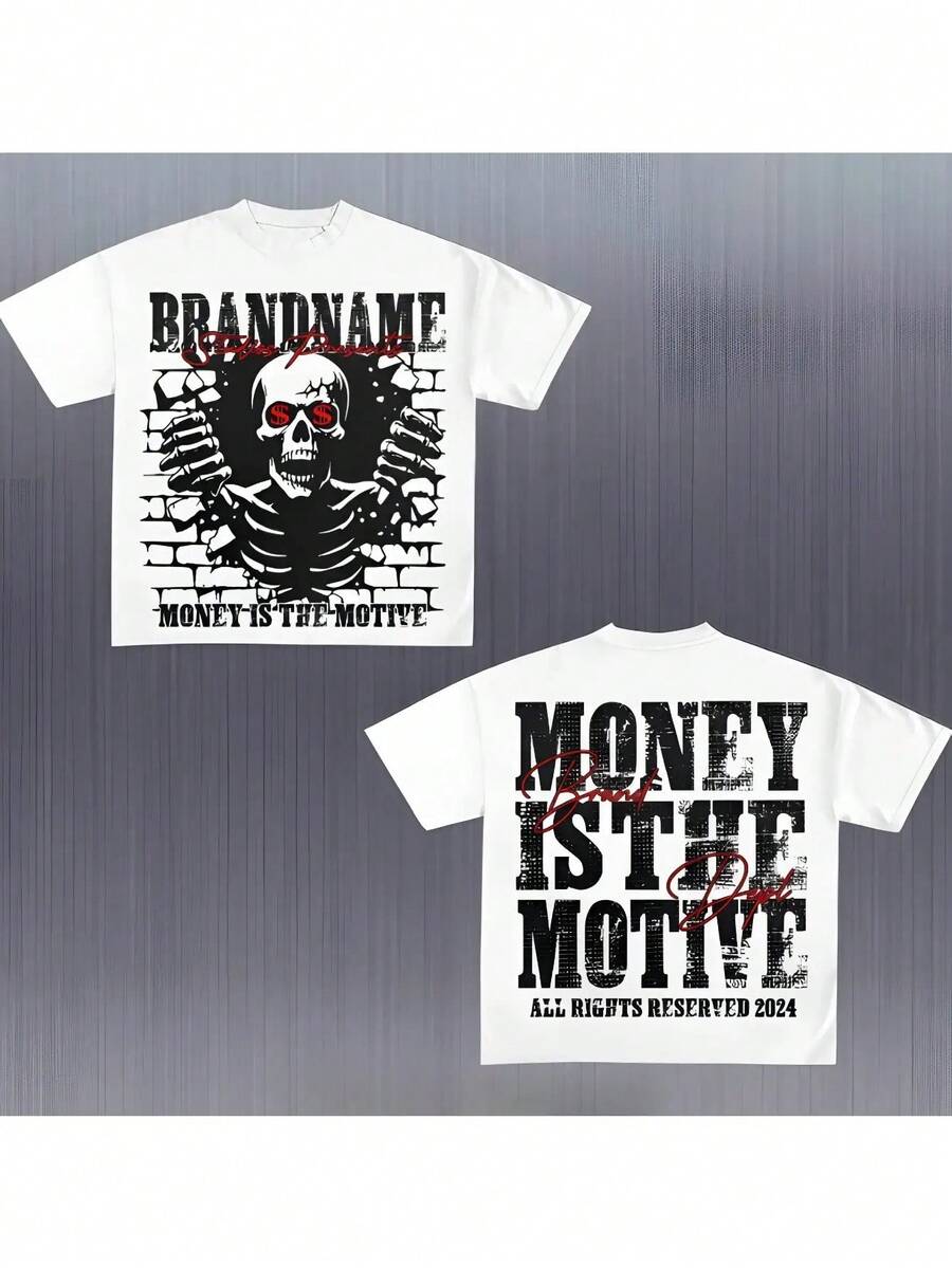 Camiseta Gráfica Motivacional Y2K para Hombre y Mujer - Estampado de Billete de Dólar y Dinero en Ambos Lados con el Lema "El Dinero Es el Motivo", Transpirable, Ideal para el Gimnasio, Ropa Urbana Unisex para Hombre y Mujer, Yk Man, Camiseta Gráfica - Blanco - Ver 1