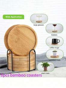 6pcs Bamboo Coasters With Tray - Multi-Functional Suitable For Large Cups, Wine Glasses, Coffee Mugs, Succulent Plant Pads, Natural Wood Beverage Coasters For Home Kitchen Bar Decor - Multicolor - View 4
