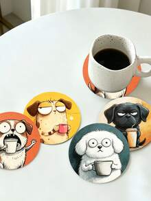 1/4pcs Cute Big Eye Dog Print Wooden Coasters, Fun Puppy Coffee Art Drink Coaster Set, Heat-Resistant Coffee Table Coasters, Home Decor, Kitchen Bar, Party Table Protection, Non-Slip Beverage Coasters, Perfect Housewarming Gift For Dog Lovers - Multicolor - View 9