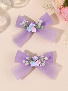 2pcs Floral Tulle Hair Bows For Girls,Flowers Hair Clips,Casual Hair Barrettes For Teens Holiday Beach Essentials Party Gifts Hair Accessories - Multicolor - View 9