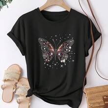 Women's Butterfly Print T-Shirt - Casual Crew Neck T-Shirt, 100% Cotton, Slightly Stretchy - Summer Fabric Top With A Sparkling Butterfly Design - 黑色 - 查看 1