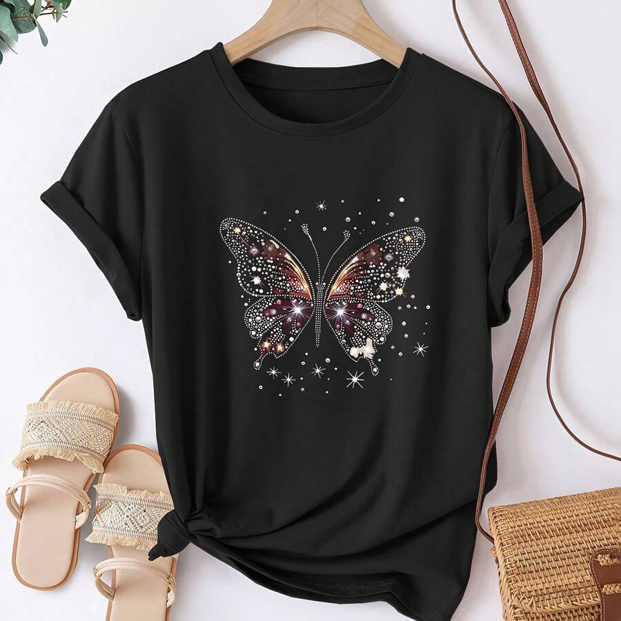 Women's Butterfly Print T-Shirt - Casual Crew Neck T-Shirt, 100% Cotton, Slightly Stretchy - Summer Fabric Top With A Sparkling Butterfly Design - 黑色 - 查看 1