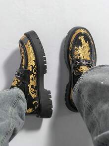 Black & Gold Baroque Jacquard Thick Sole Loafers With Horsebit Buckle Slip-On Dress Shoes Height Increasing Anti-Slip Casual Men's Shoes Fashion British Style Derby Shoes [Random Pattern] - Black - View 8