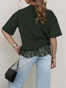 Solid Color Knit Fabric Lace Patchwork Short Sleeve T-Shirt For Women, Casual Sports Office Wear For Spring Summer - Dark Green - View 3
