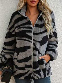 Women's Print Ultra-Thin Zip-Up Jacket, Striped All-Over Print, Casual Home Wear - Grey - View 4