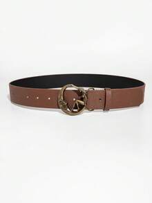 1pc Patterned Solid Color Western Cowboy Leather Belt With Vintage Buckle - Brown - View 2