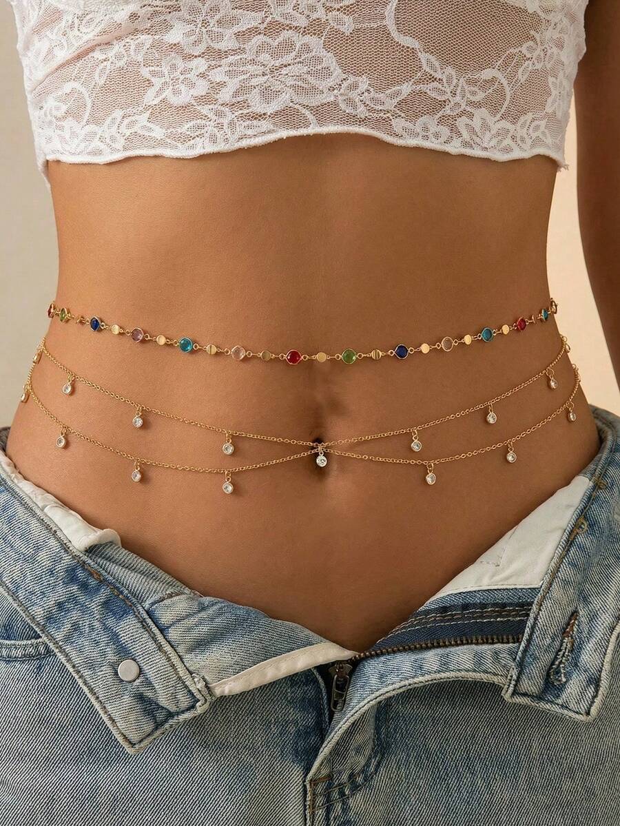 1 Set 2pcs Fashionable Sexy Beach Tassel Faux Rhinestone Waist Chain Body Chain Waist Chain Versatile Minimalist Rhinestone Tassel Waist Chain Colorful Rhinestone Body Decoration Suitable For Women Daily Wear Exclusive Party Wear (Handmade Rhinestone Position And Quantity Random) - Gold - View 1