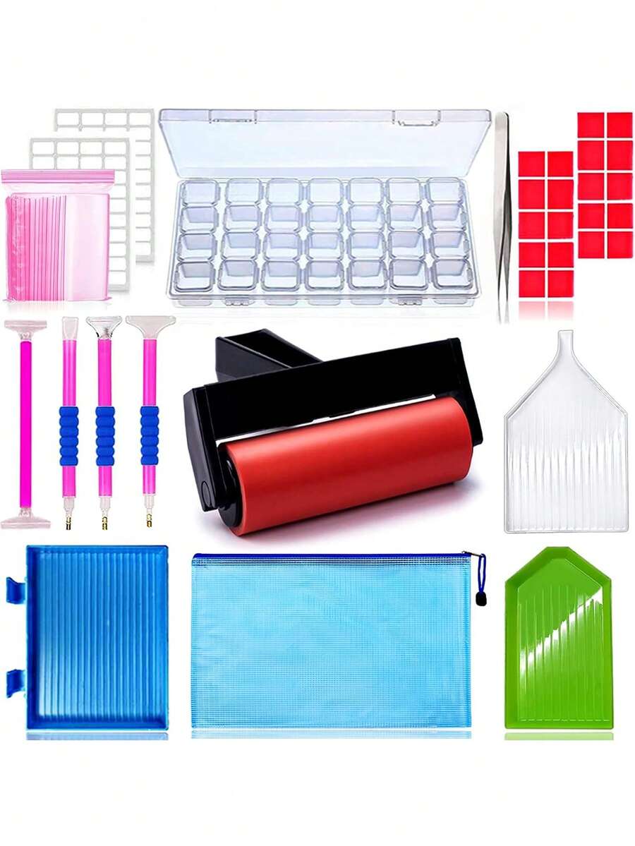 Set Of Diamond Painting Tools Including Plastic Accessories Such As Tweezers, Funnel, Scraper, Tray, Rhinestone Pen And Storage Bag - Diamond Painting Tools And Materials Set - A - View 1