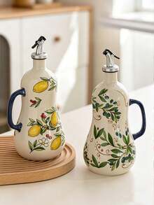 1pc Vintage Lemon Pattern Ceramic Oil Bottle, Hand-Painted Lemon Leaf Seasoning Bottle, Suitable For Olive Oil Bottle, Soy Sauce Bottle Or Oil Dispenser; Suitable For Hotel And Restaurant; Leak-Proof And Drip-Proof; Exquisite Gift - View 6