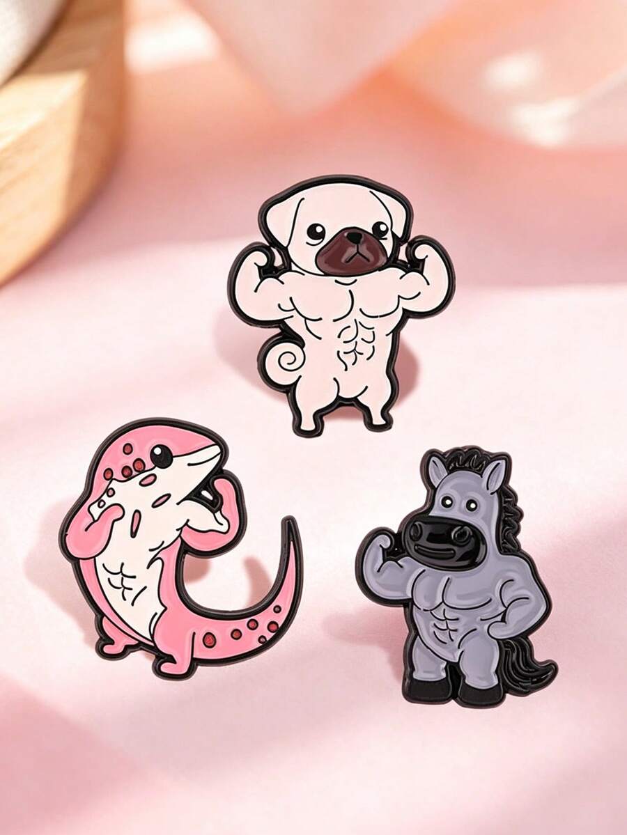 Muscular Animal Cartoon Enamel Pin Strong Muscular Leopard Gecko Pug Horse Brooch Bag Lapel Badge Jewelry Gift For Gym Lovers - Multicolor - View 1
