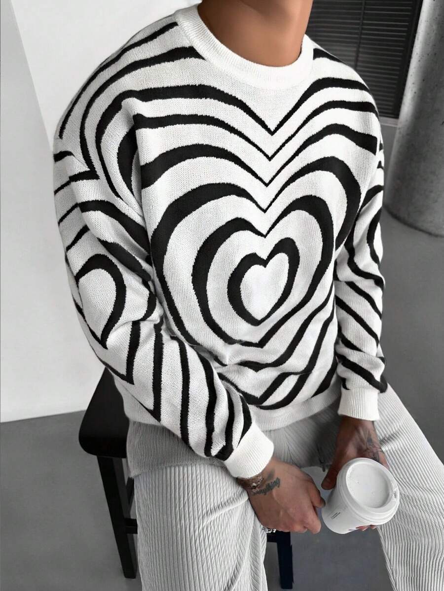 WAIT HIM Unisex Casual Heart Pattern Pullover Sweater, Suitable For Valentine's Day - White - View 1