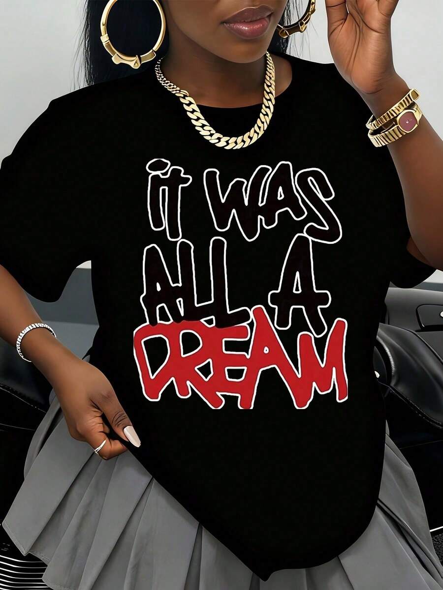 Women's Basic Mexican Graphic T-Shirt "It Was All A Dream", Plus Size Casual T-Shirt, Urban Fashion Top, Summer T-Shirt, Stylish T-Shirt, New Release - 黑色 - 查看 1