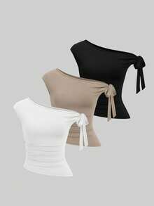 Conjunto de 3 camisetas casuales de mujer de unicolor con nudos retorcidos en los hombros - Multicolor 8 - Ver 1
