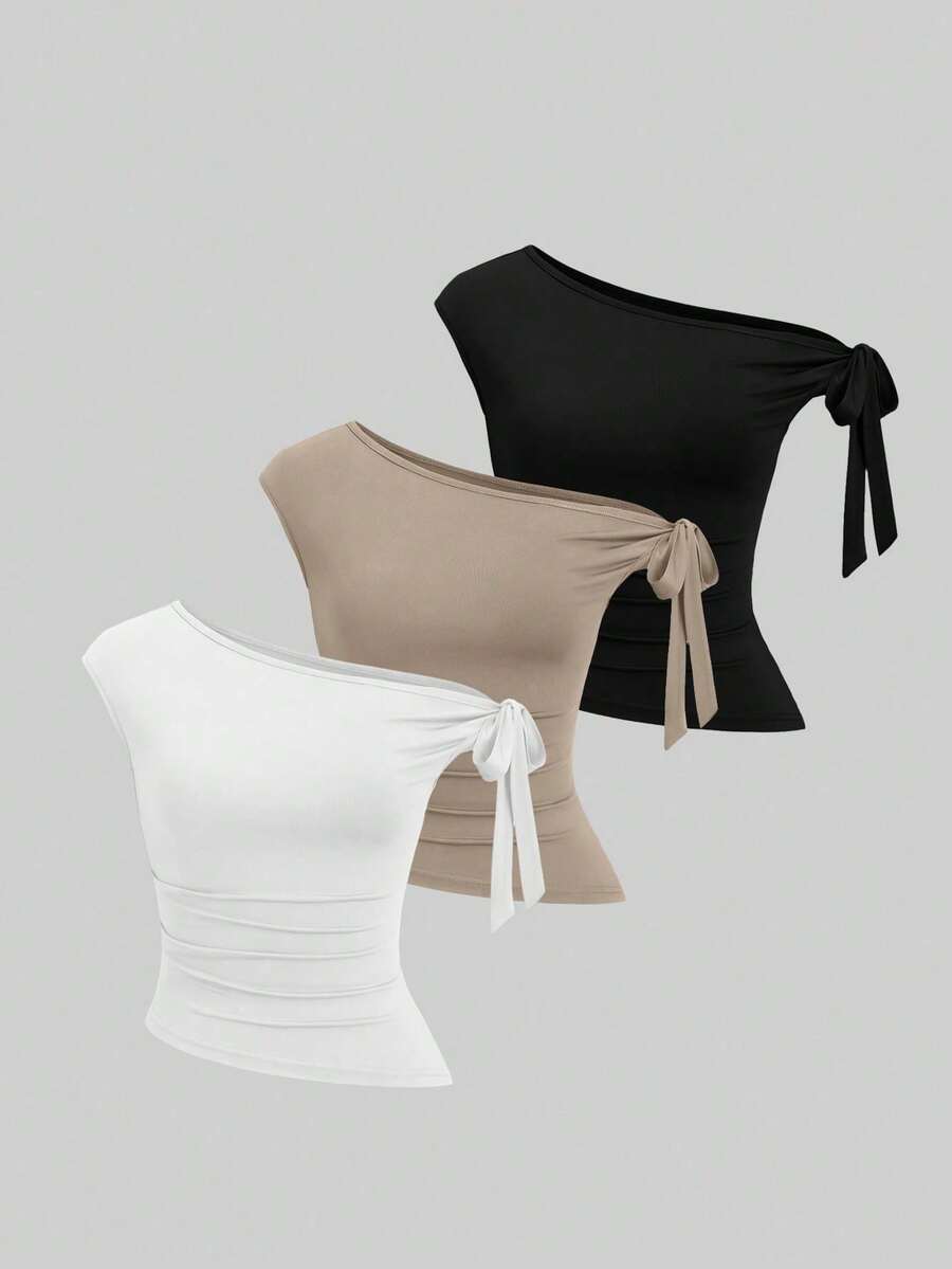 Conjunto de 3 camisetas casuales de mujer de unicolor con nudos retorcidos en los hombros - Multicolor 8 - Ver 1