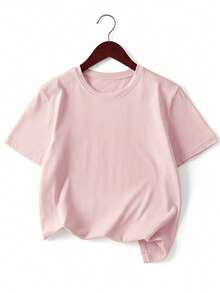 Blusa casual de verano para niñas con manga corta, estampado de conejo de dibujos animados, rayas de colores, estilo preppy lindo y sencillo - Rosa - Ver 3