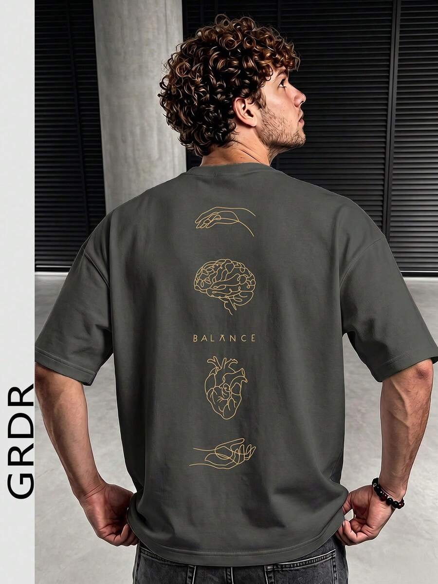 GRDR 男士时尚印花宽松短袖T恤 | 精致设计 | 夏季必备 | 易于搭配,展现您的风格 - 深灰色 - 查看 1