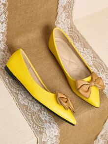 Pointed Toe Low Vamp Bow Flat Shoes, Delicate Satin Texture Soft And High-End, Versatile Shoes. - Bright Yellow - View 3