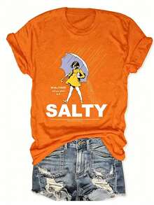 Plus Size Salty With Umbrella Graphic Tee - Vintage Style Summer Beachwear For Women, Perfect For Vacation And Everyday Wear, T-Shirt-Unisex - 橘色 - 查看 10