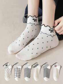 6 pares de calcetines cómodos y lindos con rayas y cuadros con ribete de volantes, perfectos para calcetines largos y medias de mujer - Multicolor - Ver 1