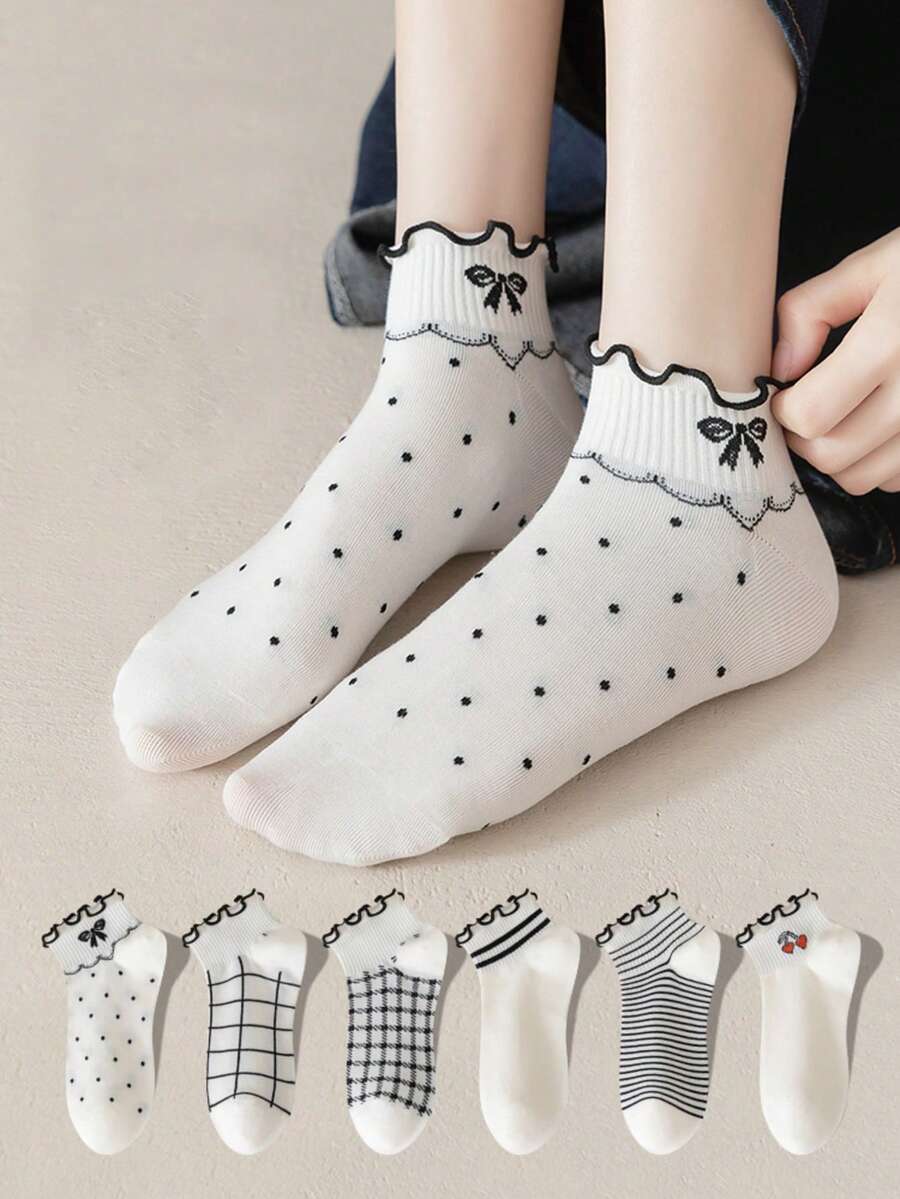 6 pares de calcetines cómodos y lindos con rayas y cuadros con ribete de volantes, perfectos para calcetines largos y medias de mujer - Multicolor - Ver 1