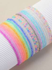 12pcs Bohemian Beach Vacation Colorful Seed Bead Glow-In-The-Dark Elastic Anklet Set For Women - Multicolor - View 6