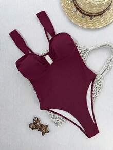 1 buah Baju Renang Wanita Terusan dengan Lapisan Dalam, Desain Tali Lebar Minimalis & Elegan, Nuansa Warna Retro Memancarkan Pesona Dewasa untuk Liburan Pantai Musim Panas - Burgundy - View 4