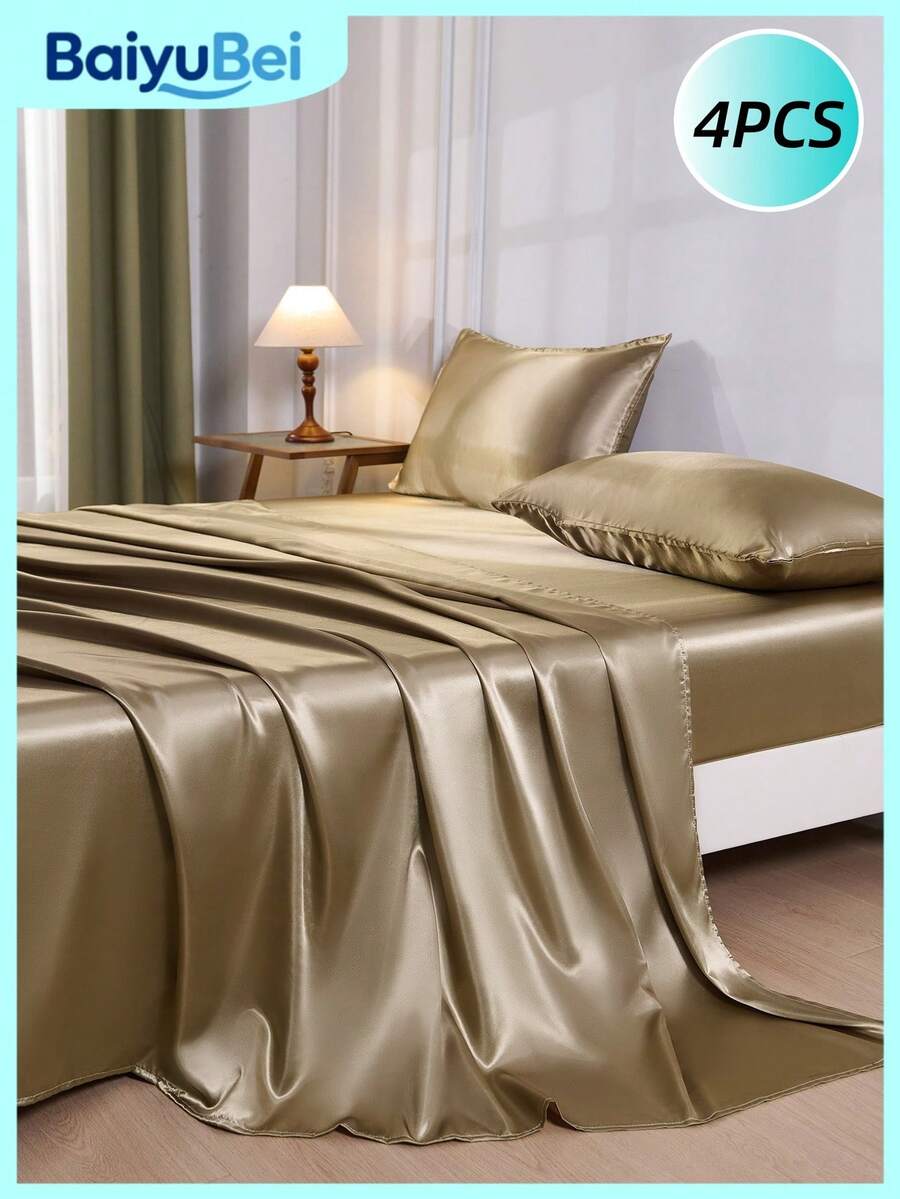 4Pcs Golden Color Premium Plain Silky Satin Sheet Set Bedding Set, 1pc Fitted Sheet & 1pc Flat Sheet& 2pcs Pillowcase Bedding Mattress Protector Set (Not Including Pillow Core) - Gold - View 1