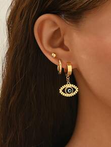 1 Set European & American Vintage Fashion Stainless Steel Plain Circle Eye Pendant Earrings Set For Women, Versatile For Daily Wear - Multicolor - View 6
