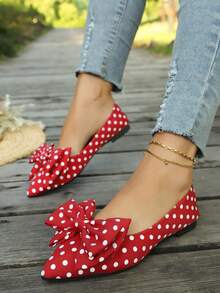 Women's Fashion Polka Dot Bow Flat Shoes, Elegant Women's Shoes, Casual Holiday Party Gift Daily Versatile Women's Shoes - Red - View 5