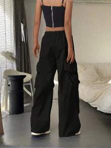 Women's High Waist Elastic Drawstring Cargo Pants, Loose Wide Leg Casual Trousers With Straps, Street Style Black Spring Wear - Black - View 3